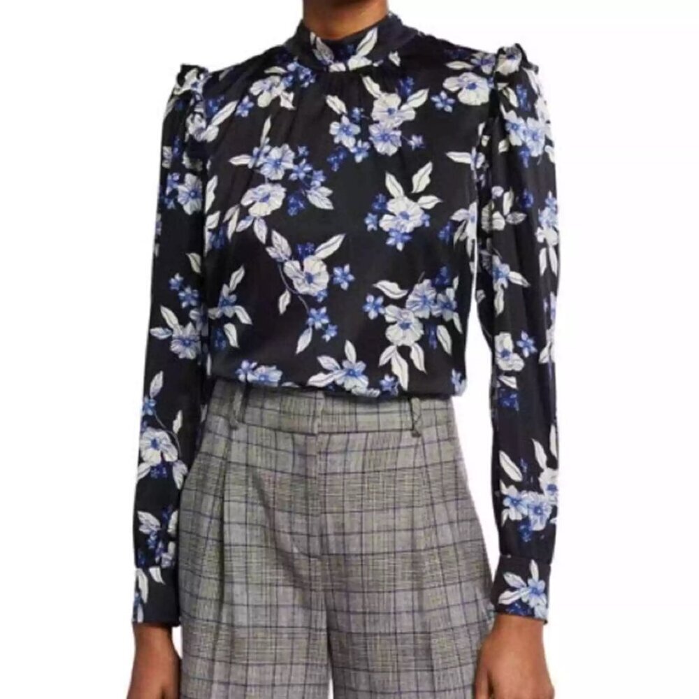 VERONICA BEARD Carlton Floral Silk Boho Blouse Bow Ruffle Black Size 00